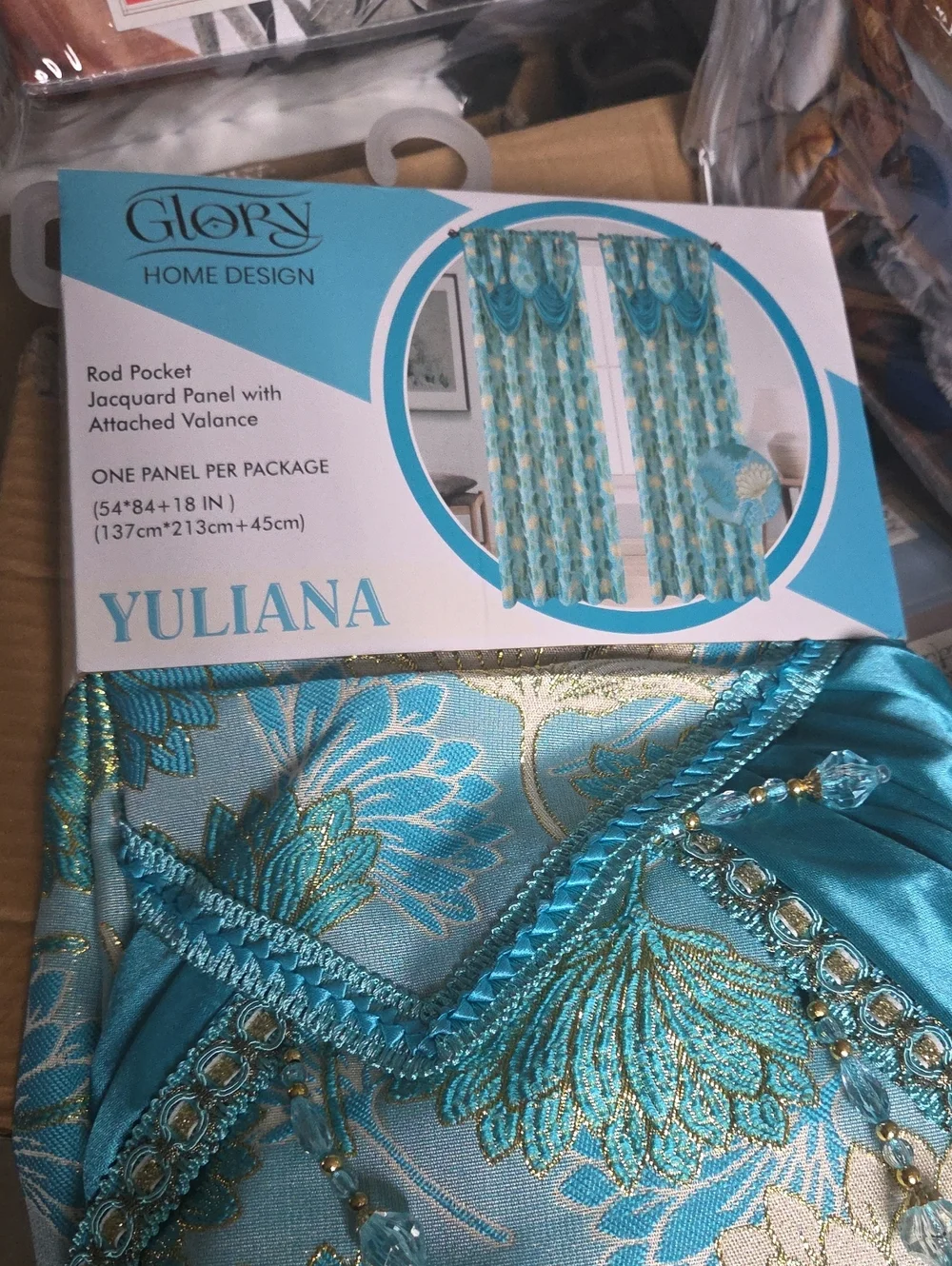 Yuliana Turquoise Jacquard Curtain Panel with Valance